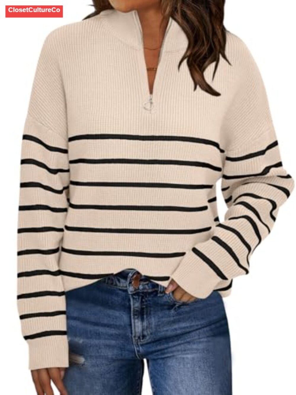 Striped Oversized Quarter Zip Ribbed Knit Pullover Sweater